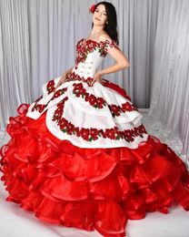 Charro Sweet 16 Girls Quinceanera Dresses Embroidered Floral Lace Appliques Tiered Ruffles Ball Gown Prom Brithday Party Gowns 2 In 1 Off Shoulder Formal Wear