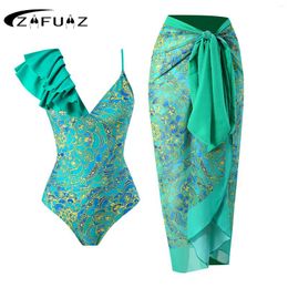 Women's Swimwear Green 2023 Print One Piece Swimsuit Skirt Women Bathing Suit Ruffle Straps Monokini V Neck Backless Bath