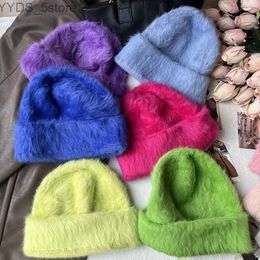 Beanie/Skull Caps 2023 Fashion Rabbit Fur Y2k Beanies Women Soft Warm Fluffy Angola Winter Knitted Hat Female Plush Windproof Bonnet Skullies Cap YQ231108