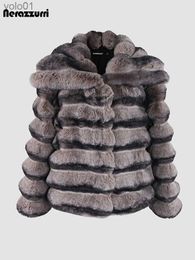 Women's Fur Faux Fur Nerazzurri Winter Striped Thick Warm Soft Colourful Faux Chinchilla Fur Coat Women Turn-down Collar High Quality Fluffy JacketL231109