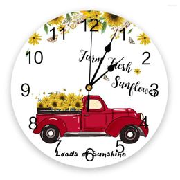 Wall Clocks Vintage Truck Sunflower Farm White Clock Round Style Fashion Modern Design Home Living Room Bedroom Decoration