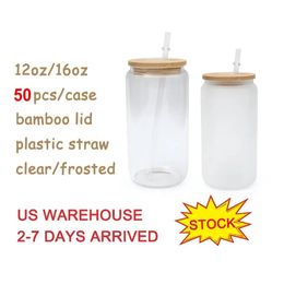 USA CA Warehouse Popular New 16oz Glass Clear Frosted Can Shaped Beer Teacup with Straw and Lid for Sublimation Printing DIY Design 4.23