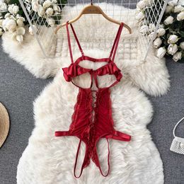 Nxy New Mesh Sexy BodySuits Ruffle Sweet Slim Cross Backless Rompers Ladies Sheer Underwear Bodycon Lace Short Playsuits 230328