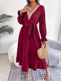 Casual Dresses Office Women Dress Black Comfortable Lace-up Solid Colour Elegant Formal Work Long Sleeve V Neck A-line High Waist Ruffles