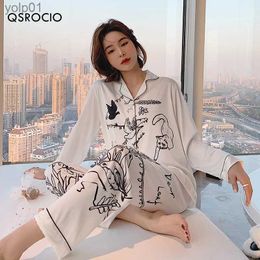 Women's Sleepwear QSROCIO Women's Pyjamas Set Luxury Style Fashion Natural Animal Graffiti Sleepwear Silk Like Leisure Home Clothes NightwearL231109
