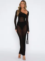 Casual Dresses Black See Through Y2k Dress For Women Clothing Long Sleeve Vestidos De Mujer Slim Sexy Streetwear High Waist Autumn Robe