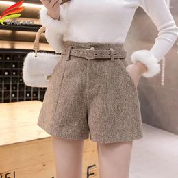 Women's Shorts 2023 Autumn Winter High Waist Wide Leg Woollen Women Khaki Grey Black Outerwear Warm With Belt A-line Short Fem