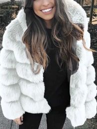 Women's Fur Faux Fur 2023 Autumn Winter Fur Coat Hooded for Women Elegant Fur Coat Hooded Coat Warm Suit Collar Spot Elegant Luxury Thick LuxuryL231109