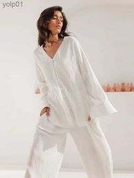 Women's Sleepwear Hiloc White Cotton Nightwear Long Sle Women Pajama High Waist Pants Set Single-Breasted V-Neck Home Suit Spring Women's SuitL231109