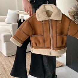 Jackets Fashionable Fur Integrated Motorcycle Suit Children's Plush Jacket 2023 Winter Clothing Korean Girl Baby Coat