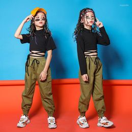 Stage Wear Kid Hip Hop Clothing Crop Top Long Sleeve T Shirt Army Green Tactical Cargo Jogger Pants For Girl Jazz Dance Costume Clothes