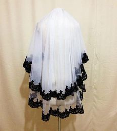 Bridal Veils White/Ivory Tulle And Black Lace Edge Veil Two Tier Elbow Length Short Wedding Vail Accessories