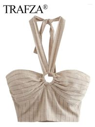 Women's Tanks TRAFZA Elegant Fashion Khaki Vintage Striped Backless Halter Top Hollow Out Folds Sexy Tops Woman's