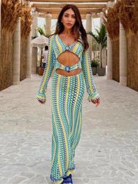 Casual Dresses Sexy Hollow Out Colorful Crochet Knit Women Maxi Dress Fashion Backless V-neck Long Sleeve Summer Female Streetwear Robe