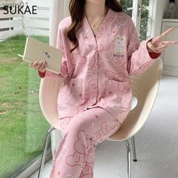 Women's Sleepwear SUKAE New Kimono Women Pajamas Set Faux Cotton Spring Autumn Long Sles Korean Sleepwear for Girl Nightwear Cadigan HomsuitsL231109