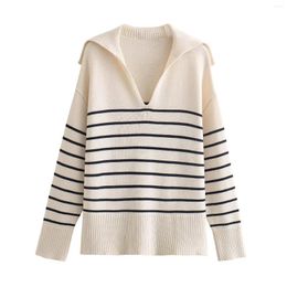 Women's Blouses Women Sweater Polo Knitwear Casual Loose Knitted Top Striped Elegant Fashion Vintage Long Sleeve Pullover Jumper Woman