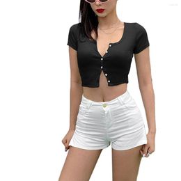 Women's T Shirts Women Button Up T-shirt Top Lady Girls Short Sleeve U-neck Crop Tops Ladies Summer Fashion Buttons Solid Tees Clothing