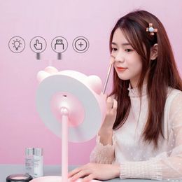 Compact Mirrors Pink Cat Makeup Mirror with Led Mirrors Standing Mirror Touch Screen Vanity Mirror Adjustable Light Desk Cosmetic Mirrors 231109