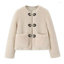 Women's Jackets YENKYE Vintage Women O Neck Long Sleeve Fleece Jacket Pockets Female Autumn Winter Short Warm Coat
