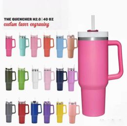 1PC US STOCK 40oz Hot Pink Stainless Steel tumbles with Colourful Handle and Straw Reusable Insulated travel Tumbler big capacity Water Bottle Cup GG1109
