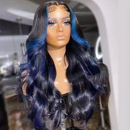 Brazilian Hair Blue Highlight Black Coloured Human Hair Wigs 360 Lace Frontal Body Wave Wig 180% Density HD Synthetic Lace Front Wig