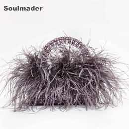 Evening Bags Pearl beaded evening bag Ostrich feather fur designer Clear Acrylic crystal stone box tote handbag women handmade party purse J231109