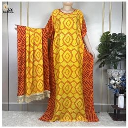 Ethnic Clothing 2023 African Lady Dress With Big Scarf Cotton Printing Loose Floral Maxi Islam Dubai Summer Fashion Women Short Sleeve Abaya