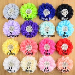 Hair Accessories 120pcs/lot 9CM 16colors Born Lace Chiffon Flower Rhinestones Pearls For Shabby Fabric Flowers Headbands