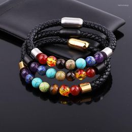 Strand JARAVVI Design Stainless Steel Magnet Clasp Natural Energy Stone 7 Chakra Genuine Leather Bracelet Men