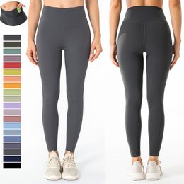 LL New Yoga Pants high-end breathable High Waist Hip Lift Stretch Yoga Tights Womens Double Sided Brushed Nude Feel Shaped Inner Pocket Sports Fitness Ninth Pants