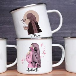 Mugs Personalised Hijabi Girl Printed Mug Coffee Cups Drinks Water Cup Muslim Girls Custom Name Enamel Handle Eid Gifts