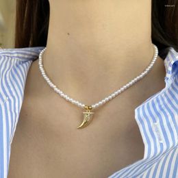 Pendant Necklaces Ox Horn Zircon Inlay Imitation Pearl Necklace For Women Collar Stainless Steel Clasp Gold Colour Itms