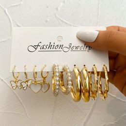 Hoop Earrings Fashion Set White Drip Glazed Love Heart Butterfly Imitation Pearl Gold Color For Women Jewelry