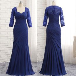 Royal Blue Mother of Bride Dresses Lace Long Sleeves Floor-Length Draped Pleated Chiffon Mother's Dress Wedding Guest Elegant Prom Gown