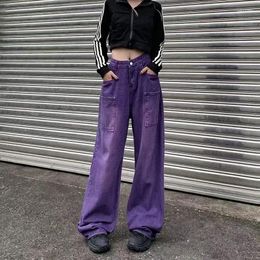 Women's Jeans Purple Big Pocket Wide Leg Baggy Women Fashion Straight Harajuku High Waist Jean Femme Fall Mom Denim Pants