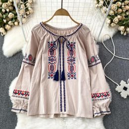 Women's Blouses Clothland Women Elegant Embroidery Print Loose Blouse Long Sleeve Tassel Tie Oversized Shirt Cotton Linen Tops Mujer LA939