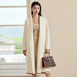 Women's Wool Blends 100% Wool Coat Women Autumn White Long Wool Coat Female Winter Camel Simple Style Loose Coat Lapel Lacing Casual 231109