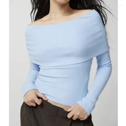 Women's Sweaters 2023 Autumn Winter Solid Color Rib Knitted Off The Shoulder Pullover Sweater Sexy Women Full Sleeve Slim Stretch Knitwear