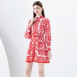 2023 Designer Paisley Floral Shirt Dress Women Long-Sleeved Single-Breasted Stand Collar Printed Slim A-Line Holiday Party Mini Dresses Spring Autumn Lady Frocks