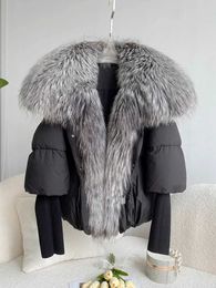 Large Real Silver Fox Fur Collar White Duck Down Jacket Women Winter Luxury Puffer Coat Oversize Feather Outwear