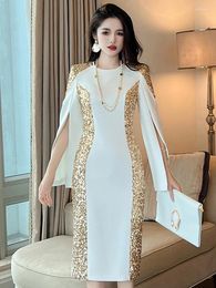 Casual Dresses Exquisite Host Banquet Evening Dress Women 2023 Luxury Style Gold Sequins White Slim Robe Femme Party Prom Vestidos Catwalk