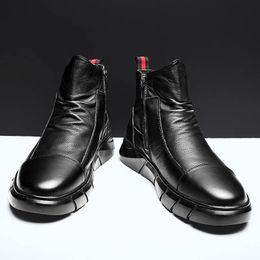 Boots Men Winter Warm Martin Fashion Motorcycle PU Leather Outdoor British Style Chelsea Cotton Shoes 231108