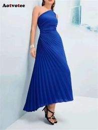 Pretty Pleated Maxi for Women Fashion Sleeveless Diagonal Collar Strapless High Waisted Sexy A Line Party Long Dresses