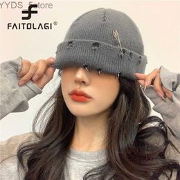 Beanie/Skull Caps Hip Hop Beanies For Men Women Punk Metal Pin Ring Skullies Cap Autumn Winter Warm Woolen Knitted Hat Solid Color Crochet Bonnet YQ231108