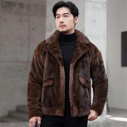 Men's Fur Faux Real Mink Coat Winter Men Luxury Short Suit Collar Imported Jacket 2023 Dark Brown Long Sleeves Can Customised 231108