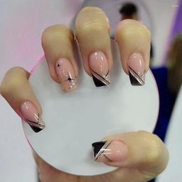 False Nails 24pcs Detachable DIY Manicure Press On Short Square French White Edge Simple Black Triangle