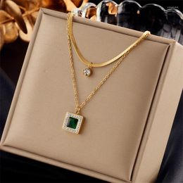 Chains 316L Stainless Steel Minimalist Retro Style Square Emerald Pendant Double Layer Chain Necklace