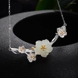 Pendants Top Quality 925 Sterling Silver Chain Necklace For Lady Jewelry Set Exquisite Jade Cherry Blossom Pendant Women Gift