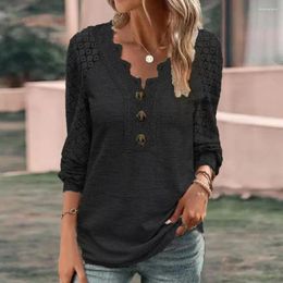 Women's Blouses Women Spring Autumn Top V Neck Lace Long Sleeve Button Decor Hollow Out Solid Colour Mid Length Soft Breathable Lady T-shirt