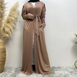 Ethnic Clothing Modest Muslim Abayas Women Islamic Kimono Cardigan Belted Pocket Turkey Robe Eid Ramadan Arabic Kaftan Maxi Dress